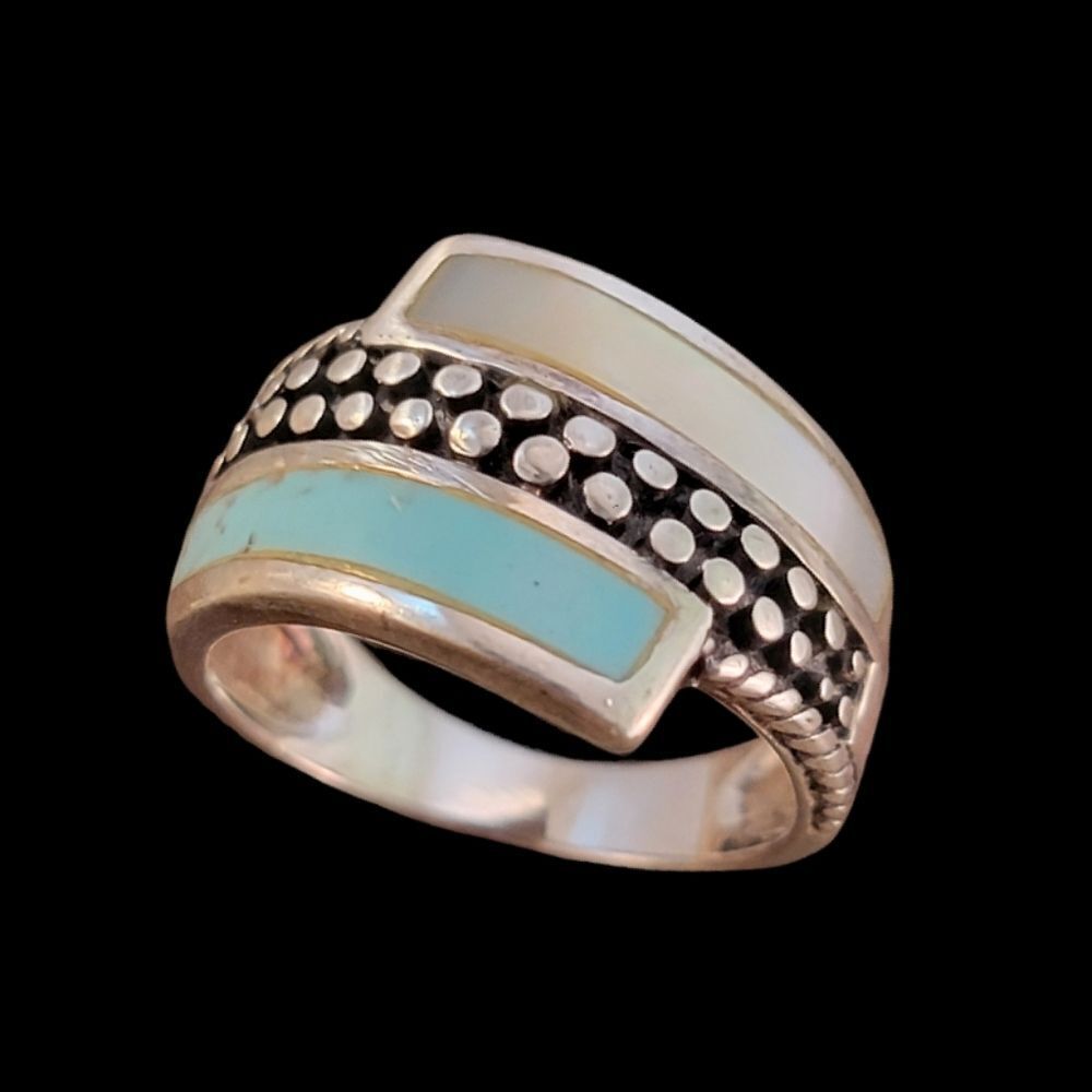 CFJ Sterling Inlaid Bypass Turquoise  Mother of Pearl Beaded Ring Band